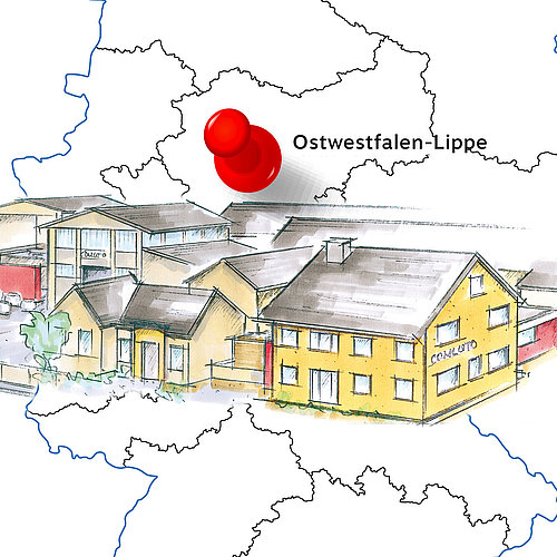 Deutschlandkarte mit Abbildung conluto Firmengebäude als Skizze