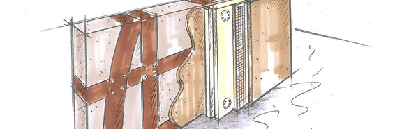 Technische Zeichnung einer Holzfaserdämmplatte mit Fachwerk